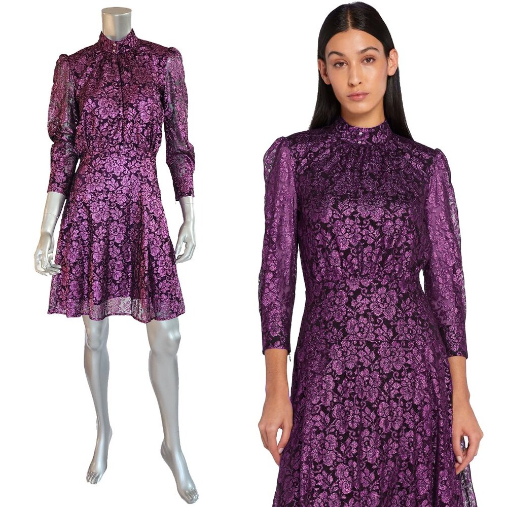 JUST CAVALLI BY ROBERTO CAVALLI DRESS METALLIC LACE MOCK NECK PURPLE